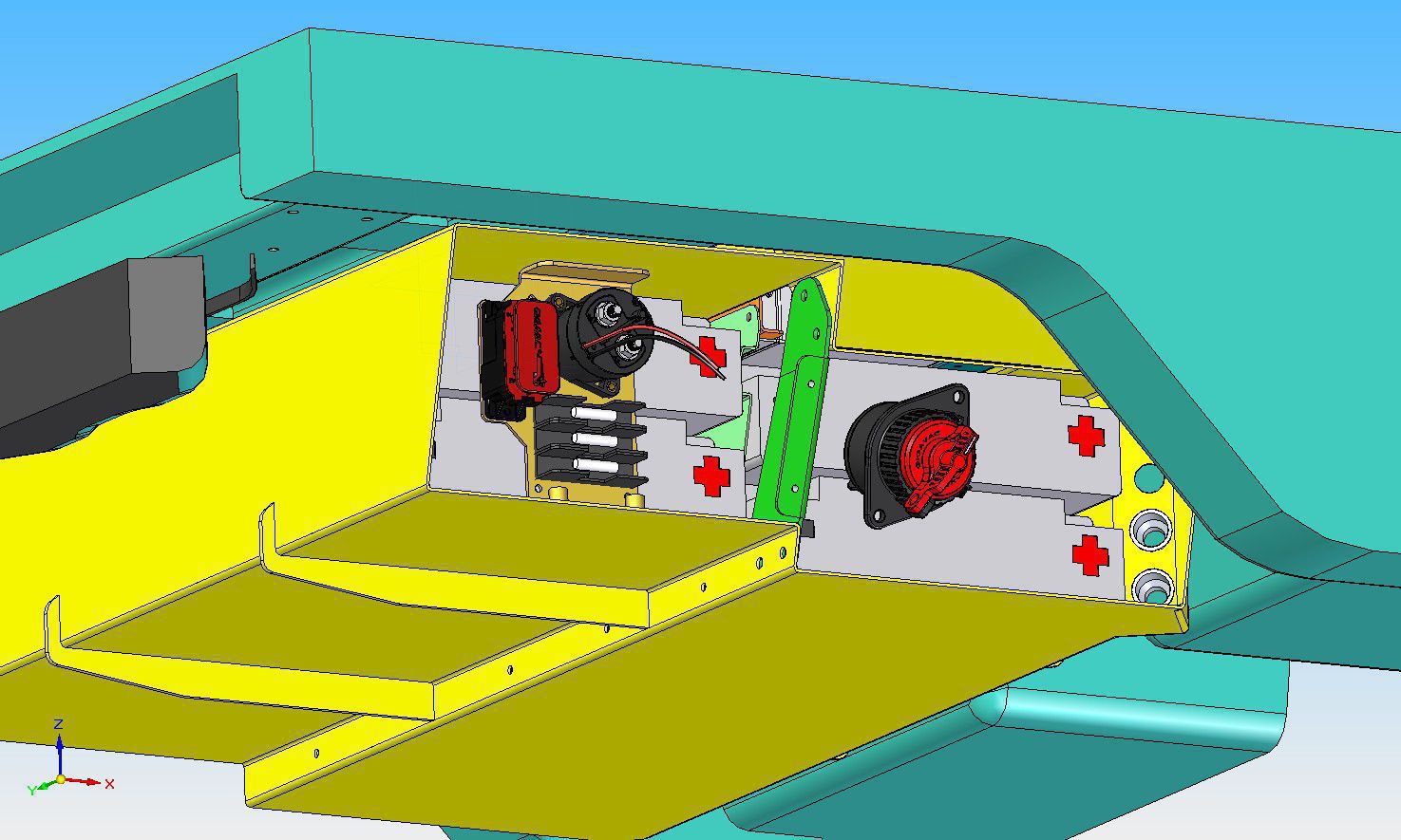 il modello 3D del box batterie (giallo) in acciaio inox con i principali dispositivi interni, teleruttore motore, moduli batteria, interruttore di emergenza