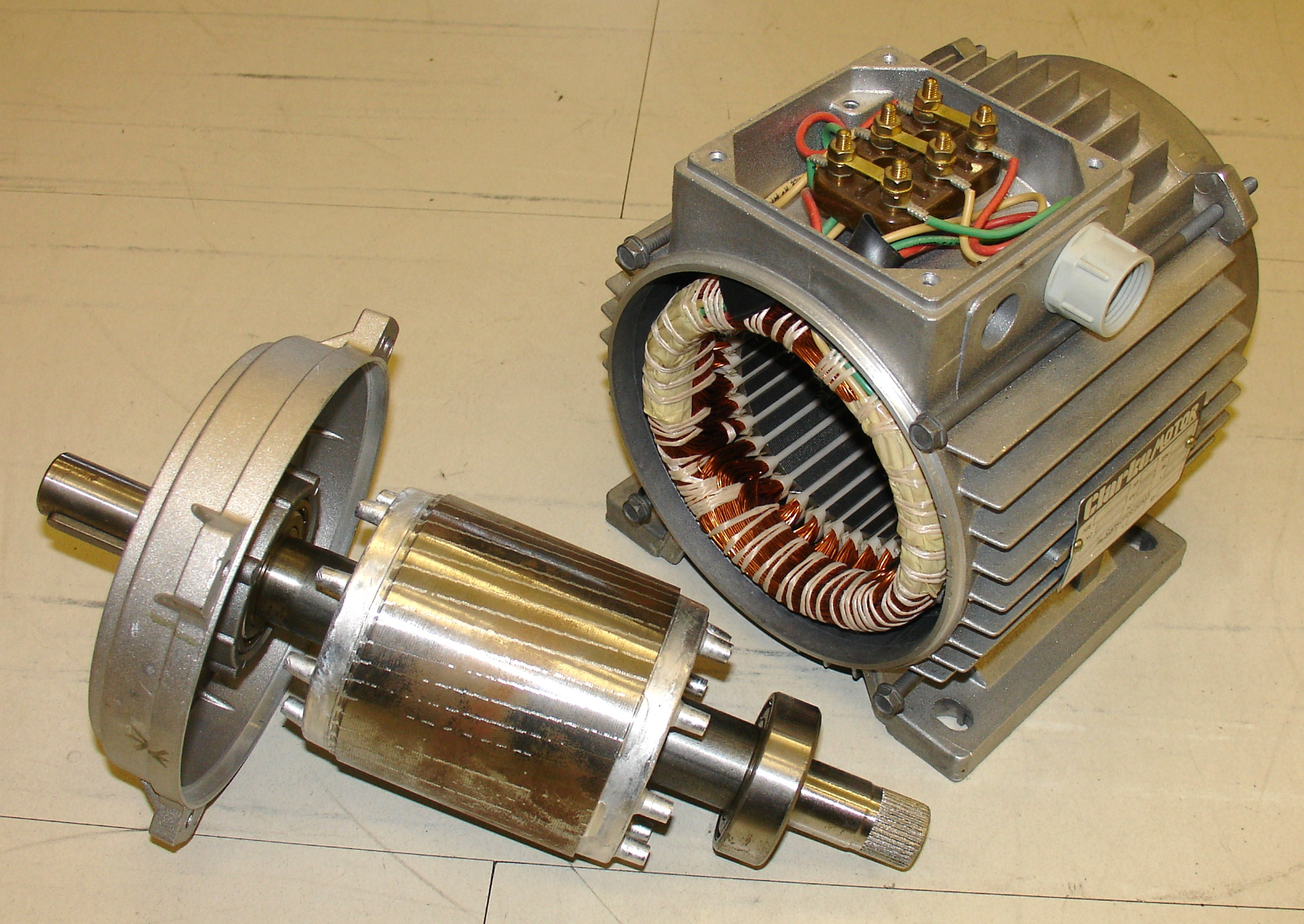 Motore asincrono trifase con rotore a gabbia di scoiattolo in alluminio per applicazioni industriali.